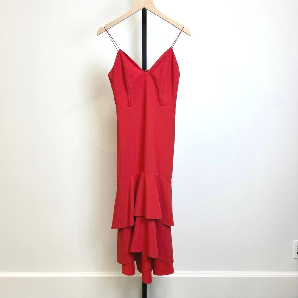 ALICE + OLIVIA Red Sleeveless Tiered Ruffle  Dress Hem 4 Silk V-Neck Midi